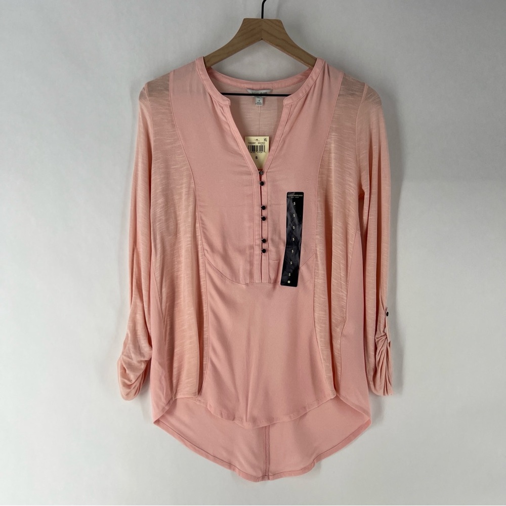 Lucky Brand Light Pink Woven Mix Henley Top Size S